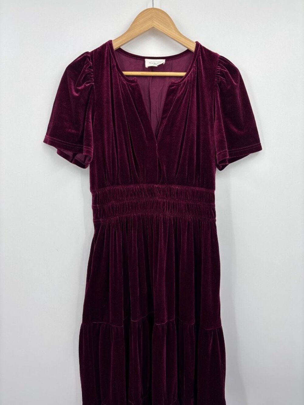 Bohme Velvet Tiered Maxi Dress V-Neck Flutter Sleeve Burgundy Medium - Picture 3 of 8